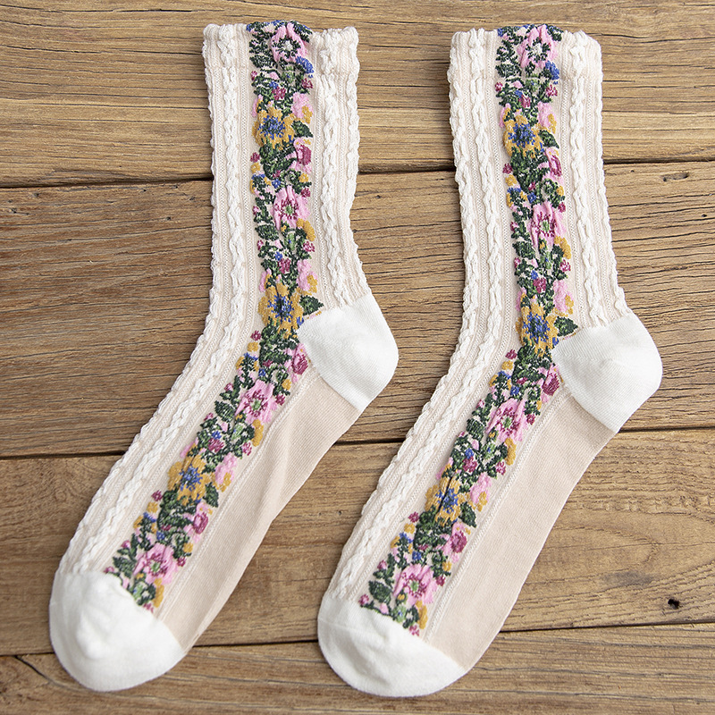 Autumn And Winter Linen Pattern Cotton Socks Retro Fashion Small Floral Jacquard In Tube Socks Personalized Socks Ms.